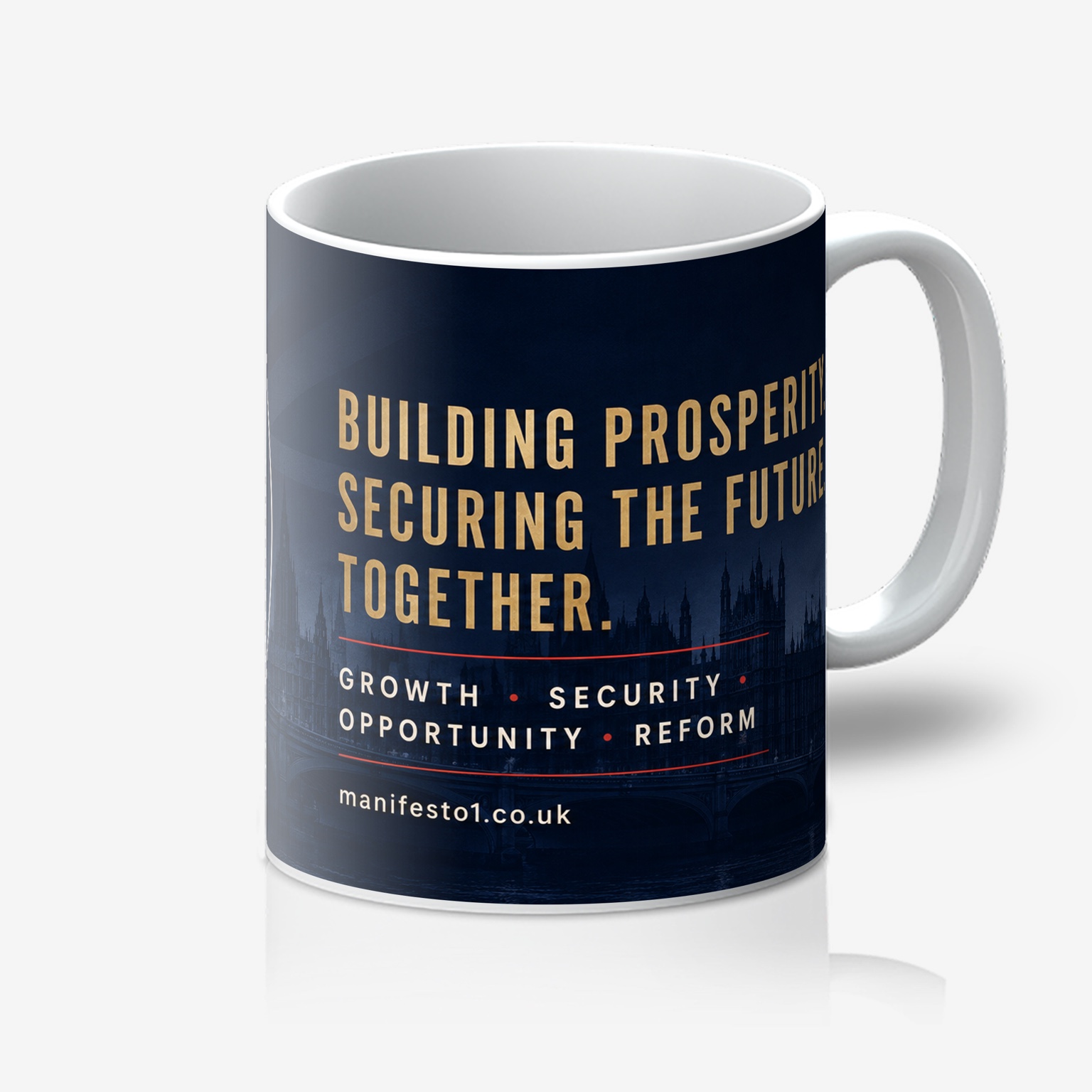 Manifesto 1.1 ceramic mug with navy artwork and gold lettering