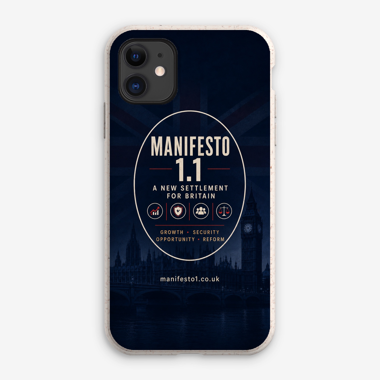 Illustrative mockup of a Manifesto 1.1 eco phone case — model shape varies by chosen device